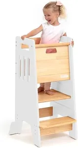 Toddler Tower with a Sliding Door and 3 Adjustable Heights - Complete Toddler Kitchen Stool Helper with Support Feet - Safe Design for 18+ Months to 6-Year-Old Kids - White