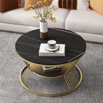 HEQEUWIN 2-Tier Round Coffee Table with Open Storage Shelf for Living Room Wooden Tabletop Metal Frame Simple & Modern End Table for Small Space Center Table for Living Room Black and Golden