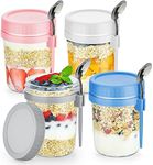 DRKIO 4 Pack Overnight Oats Containers with Lids and Spoons 16 Oz Glass Mason Jars for Leak Proof Oatmeal Container Great Cereal Fruit Vegetable Milk Salad Yogurt Meal Prep Transparent