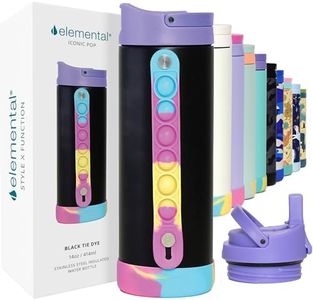 Elemental Iconic Kids Water Bottle with Straw Lid & Stress Relief Pop It Handle, Leak-Proof When Closed, Triple Insulated Kids Stainless Steel Water Bottle For Girls and Boys, 14oz - Black Tie Dye