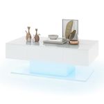 CASART 2-Tier LED Coffee Table, High Gloss Center Tea Table with 20 RGB LED Lights, Remote Control, Adjustable Brightness & Speed, Wooden Rectangle Accent Side Table for Living Room Office (White)