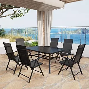 MFSTUDIO 7PCS Outdoor Dining Set, Aluminum Height Adjustable Folding Chair and Heavy-Duty Black Slat Metal Table, Patio Furniture Dining Table Set, Black