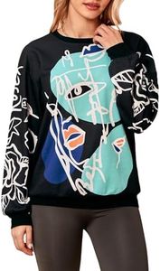 WDIRARA Women's Figure Graphic Print Sweatshirt Round Neck Long Sleeve Contrast Color Graffiti Pullovers Carbon Black S