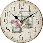 BERYART 14 Inch Quartz Movement Wall Clock - Silent Non Ticking Battery Wall Clocks - Round Wooden Vintage Wall Clocks for Kitchen, Living Room, Dining Room and Bedroom - Bottle's Flowers