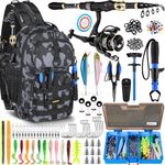 PLUSINNO Fishing Backpack with Fishing Rod &Tackle Boxes, Waterproof Sling Tackle Bag for Fish Gear with Rod Holder, Gifts for Men with Lures, Pliers, Fish Lip Gripper.