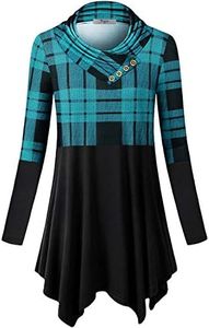Cestyle Cowl Neck Shirt, Women's Checked Long Sleeve Asymmetrical Tops Soft Stretch Winter Figure Flattering Work Dressy Patchwork Shirt Blue Plaid Clothes Medium