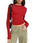 LACOZY Women's Skim Dupes Long Sleeve Tight Shirts Basic Tee Going Out Tops Y2k Crop Top Round Neck T Shirt Red S