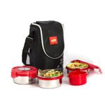 CELLO MF Click Stainless Steel Leakproof Lunch Box Set with Bag, 4 Containers - 300ml x 3 & 140ml, Red
