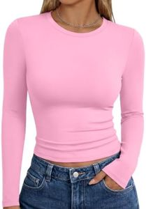 Trendy Queen Womens Long Sleeve T Shirts Fall Fashion 2025 Basic Crop Tops Going Out Workout Outfits Y2k Clothes Rose Pink L