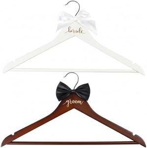 JOVGANK 2 Pack Bride Hanger, Wedding Hanger Gift, Wooden Bride and Groom Wedding Dress Hangers with Attached Bow Tie, Bridal Shower Gifts, Bridal Tuxedo Suit Wedding Gift for Couples
