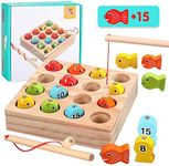 EPCHOO Fishing Game, Montessori Wooden Fishing Toy For Toddler, 15pcs Number Counting Board Fishing Pole Game Play Set, Learning Toys For 2 3 Year Old Girl Boy Kids