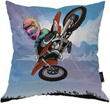 Beabes Motocross Throw Pillowcase Cartoon Funny Man Biker Drive Fast Motorcycle Stunt Danger Dirt Bike Square Throw Pillow Covers for Men Women Boys Girls Home Decor Cotton Linen 20x20 Inch