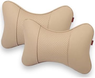 DETACHI Car Neck Rest Pillows Neck Support Headrest Car Pillow Rest Cushion Support & Shoulder for Long Driving Made of Faux Leather with Soft PollyFiber Filling and Elastic Stripes Beige