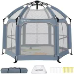 Baby Playpen with Canopy, Portable Indoor & Outdoor for Baby and Toddler, Foldable Pop up Playpen with Mat, Play Yard with Travel Bag, 6 Ground Stakes, 6 Sand Stakes