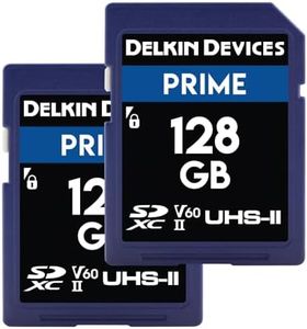 Delkin Devices Prime 128GB 2PK SDXC UHS-II (U3/V60) Memory Cards – High Endurance for 8K, 4K, Full HD, and RAW Burst | Compatible with DSLR and Digital Cameras