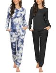 Ekouaer 2 Pack Women's Pajama Set Long Sleeve Top with Jogger Pants Lounge Sets Sleepwear Loungewear with Pockets Blue Tie Dye&Black X-Large