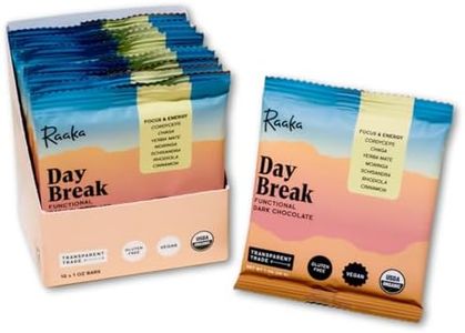 Raaka Functional Mushroom Chocolate | Day Break - Focus & Energy | 63% Cacao Dark Chocolate, Yerba Mate, Cordyceps Mushrooms, Chaga | Vegan, Organic, Gluten-Free | 10 Adaptogen Chocolate Bars