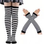 SamHeng Women's Striped Knee Thigh High Socks Arm Warmer Fingerless Gloves for Girls Over Knee Stockings for Halloween Christmas Cosplay Party Costume(Black+White)