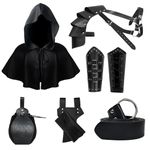 LLTTEER Medieval Knight Accessory Set for Men, Medieval Cape with Hood, Belt and Bracers, Belt Bag, Sword Holster and Potion Bottles, Leather Shoulder Armour for Cosplay (Black)