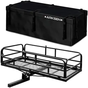 ARKSEN 60 x 24 Inch Folding Cargo Rack Carrier with 500D PVC Waterproof Cargo Bag 500 Lbs Heavy Duty Capacity 2 Inch Receiver Luggage Basket Hitch Fold Up for SUV Pickup Camping Traveling