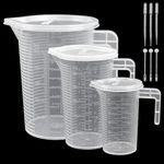 3 PCS Measuring Jugs Set, ADERTOS 100ml 250ml 500ml Clear Plastic Measuring Jugs Lab Graduated Beaker Measuring Cup with Lid, 3 PCS 3ml Pipettes Dropper, 3 PCS Stirrer Stick for Kitchen Cooking Baking