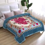 JYK Korean Mink Fleece Blanket Queen Size 83'' x 91'', 5.7 Pounds - 2 Ply Reversible Silky Soft Plush Warm, Comfy Blanket for Autumn, Winter - Blue/Peony