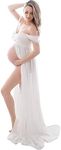 FEOYA Maternity Dress Lace Chiffon Dress for Photos Shoot Front Split Off Shoulder Maxi Dress for Pregnant Women White Size M