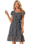 Allegra K Ruffle Dress for Women's Flutter Sleeve Belted Square Neck Floral Chiffon Dress, Navy Blue, Medium