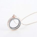 Retro Living Memory Floating Charm Crystal Glass Round Locket Pendant Necklace (#2 Rose Gold)