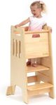 Toddler Tower with a Sliding Door and 3 Adjustable Heights - Complete Toddler Kitchen Stool Helper with Support Feet - Safe Design for 18+ Months to 6-Year-Old Kids - Varnished