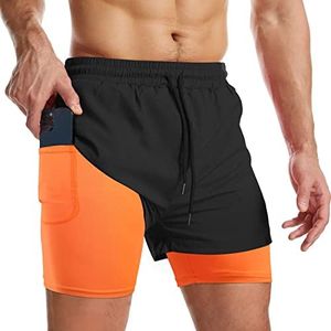Danfiki Pantaloncini Sportivi da Uomo Running Shorts Asciugatura Rapida con Tasca per Jogging Tennis Fitness Allenamento 2 in 1,Nero Arancione,L