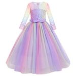 Girls Flower Vintage Floral Lace 3/4 Sleeves Floor Length Dress Wedding Party Evening Formal Pegeant Dance Gown, Rainbow-purple, 2-3T