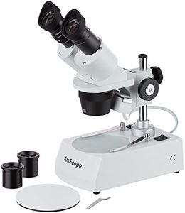 AmScope SE306R-PZ Forward Binocular Stereo Microscope, WF10x and WF20x Eyepieces, 10X-80X Magnification, 2X and 4X Objectives, Upper and Lower Halogen Light Source, Pillar Stand, 120V, White