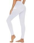 CAMPSNAIL Leggings for Women with Side Pockets High Waisted Gym Yoga Sports Running Stretchy Leggings Soft Opaque Tummy Control Workout Pants Ladies (White，S-M)