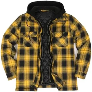 Quilted Lined Hooded Flannel Jacket Snap Button Plaid Shacket Men's Heavy Duty Winter Workwear Yellow L
