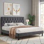 4ft6 Double Bed Frame, Upholstered Platform Bed with Adjustable Tufted Headboard, Noise-Free Chesterfield Design, Velvet Fabric, Sturdy Wood Slats Support and Under-Bed Storage, Dark Grey Double Bed