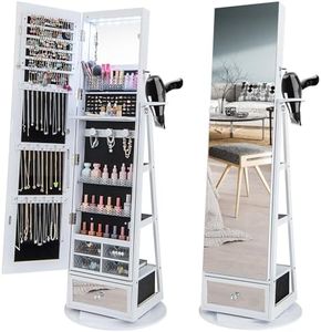 RELAX4LIFE Armoire à Bijoux Pivotante à 360ºavec Miroir Pleine Longueur, Miroir Bijoux sur Pied LED avec Support Sèche-Cheveux, Grand Tiroir, 3 Étagères pour Rangement Bijoux (Blanc)