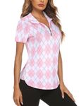 Gemulate Women's Short Sleeve Golf Clothing Floral Fitness Clothes Polo Shirts Golf Tennis Zip Up Sports Workout tee Shirts Pink L