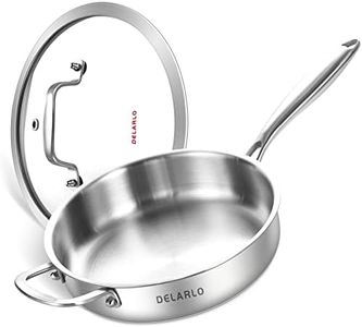 DELARLO Tri-Ply Stainless Steel 10 Inch Frying Pan 3 Quart Saute Pan, Skillets Induction Compatible Chef Cooking Pan, Sauté Pan with lid, Dishwasher & Oven Safe