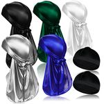 5 Pcs Silky Durag Headwraps with Long Tail and 2 Pcs Satin Wave Cap Perfect for Men 360 Waves, Multicolor, One Size