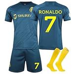 Al NASSR FC Soccer Jersey, 2023 2024 Activewear Soccer Kit Soccer Jersey for Children Home Away Sports Tracksuit Boys' Football Training Shirts Shorts Childrens Football Kit (No.7,Kids 10-11 Years)