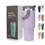 Riley Joy Travel Mug with Handle 30oz Double Wall Stainless Steel Insulated Tumbler with Straw and Lid Leakproof Coffee Mug for Hot Iced Drink (Purple)