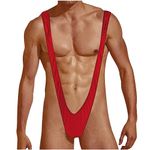 ROSVAJFY Men's Mankini Bodysuit Swimsuit Swimwear Borat Style V Sling Thong Stretch Underwear Sexy Suspender Strap String Thongs Elastic Briefs Fancy Costume (Red)