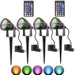 Halloween RGB Spot Lights with Timer, 10W 120V Color Changing Outdoor Metal Case Landscape SpotLights IP65 Waterproof Spotlight with Stake Stand for Yard Garden Lawn Patio, 4 Lights