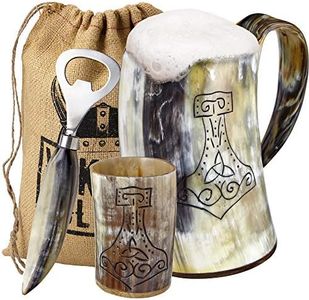 Viking Culture Ox Horn Mug, Shot Glass, and Bottle Opener (3 Pc. Set) Authentic 16-oz. Ale, Mead, and Beer Tankard | Vintage Stein with Handle | Polished Finish | Thors Hammer