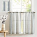 jinchan Linen Kitchen Curtains Striped Tier Curtains 24 Inch Cafe Curtains Farmhouse Small Curtains Balanced Stripe Half Window Curtains Light Filtering for Bathroom Laundry 2 Panels Blue on Beige