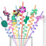 Reusable Hawaiian Straws for Kids Summer Birthday Party Decorations 16 Pcs Crazy Swirly Drinking Straws for Beach Party Favors Supplies Flamingo Pineapple Coconut Cactus Coconut Tree Straws