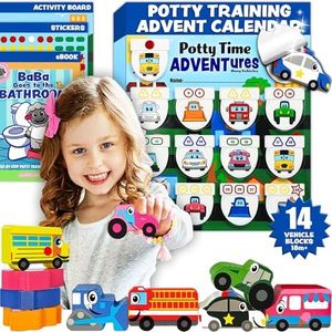 Potty TIME Adventures Potty Training Chart for Toddlers Toilet Training Advent Game Behavior Reward Chart by Lil ADVENTS - 14 Wooden Stacking Block Toys, Car Stickers, Activity Board (Busy Vehicles)