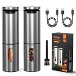 VOXON Electric Salt and Pepper Grinder Set, USB Rechargeable Pepper Grinder, Stainless Steel Pepper Mill with 5 Adjustable Coarseness Levels & LED Light, Salt and Pepper Sets for Home, Kitchen, 2 Pcs
