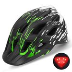 Bike Helmet, Lightweight Bicycle Helmet with Tail Light & Detachable Visor, 21 Vents Cycling Helmet for Adults, Mountain & Road Cycle Helmet for Men Women Adjustable Size 57-61cm (Black+Green)